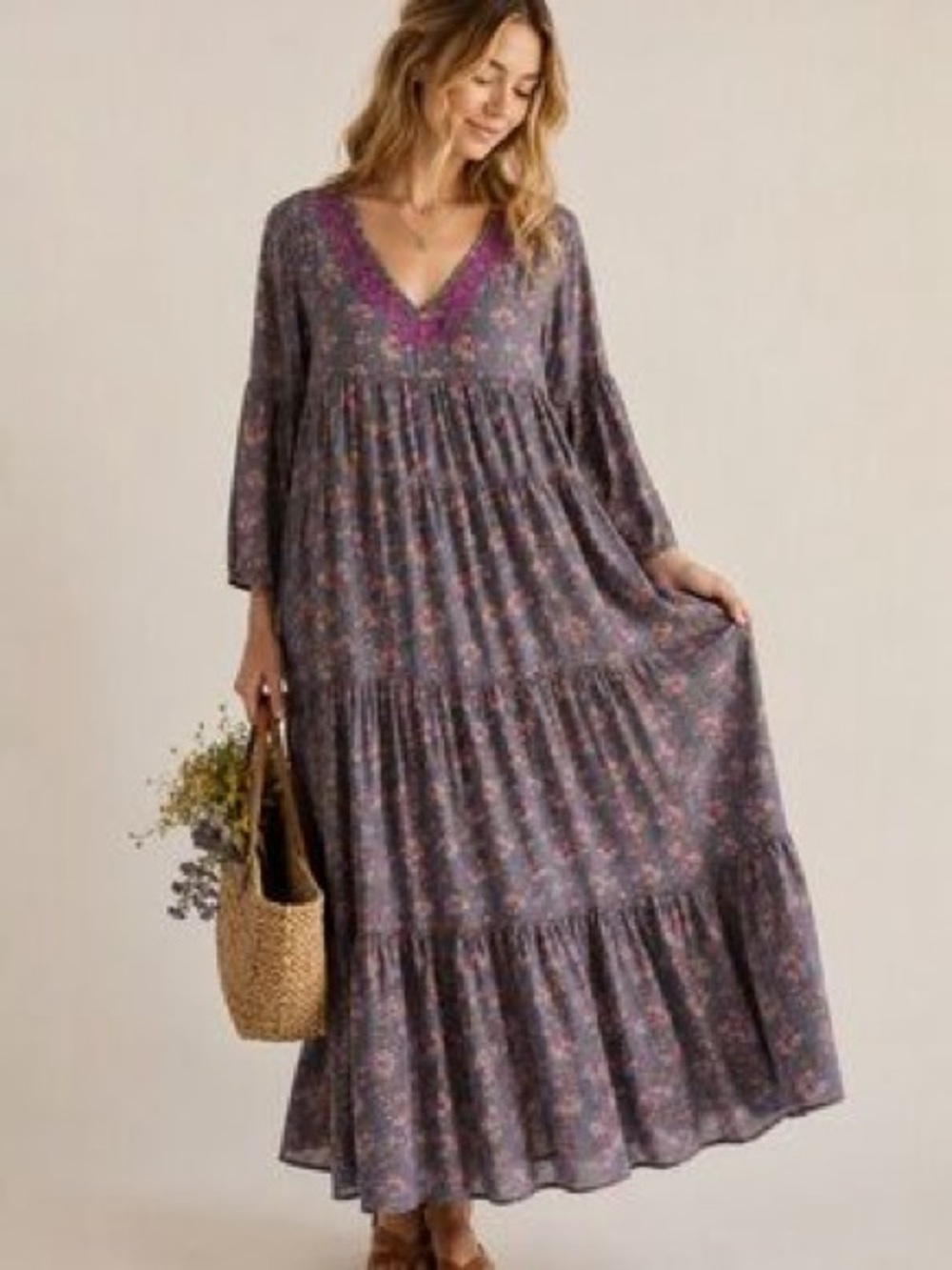 Natural Life Charlotte Embroidered Floral Midi Dress Size M Boho
